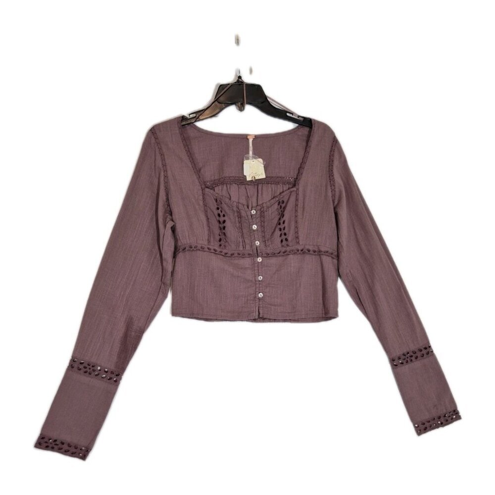 Free People Blouse Size S Eyelet Lace Crop Top Purple Mauve Roan Rouge (13)